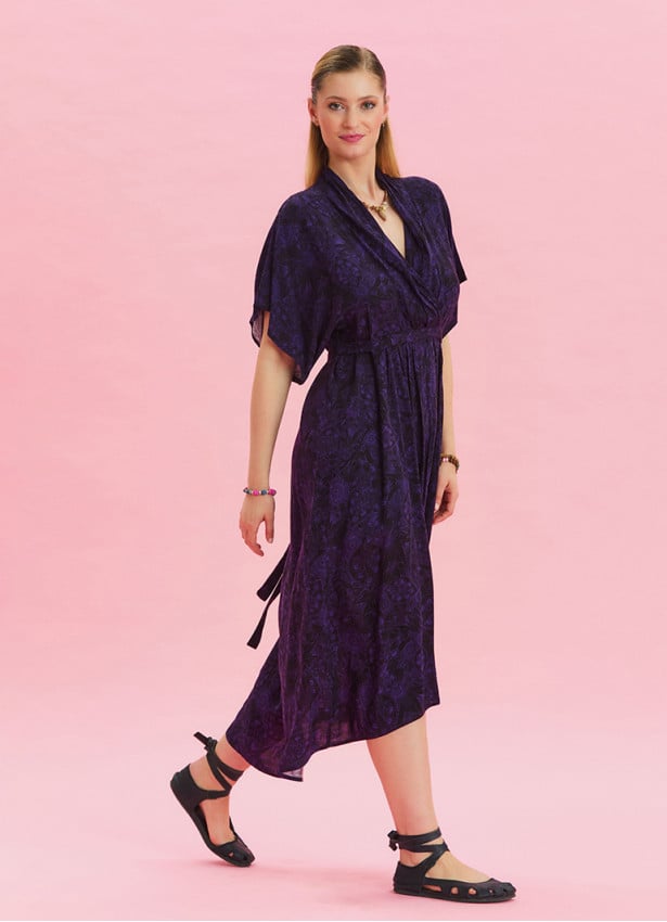 V Neck Gathered Detailed Purple Summer Dress 4533